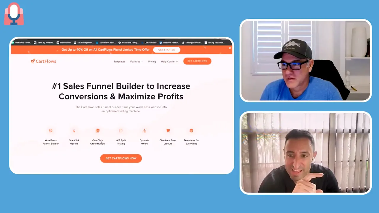 Clear screenshot of CartFlows sales funnel homepage with two webinar speakers visible