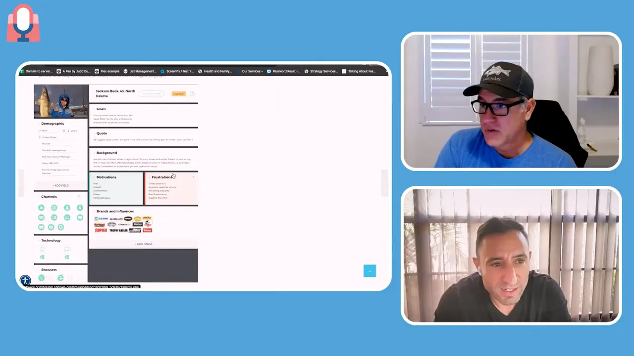 High-clarity screenshot showing a persona card with demographics, channels and motivations on the left and two presenters in video panels on the right.