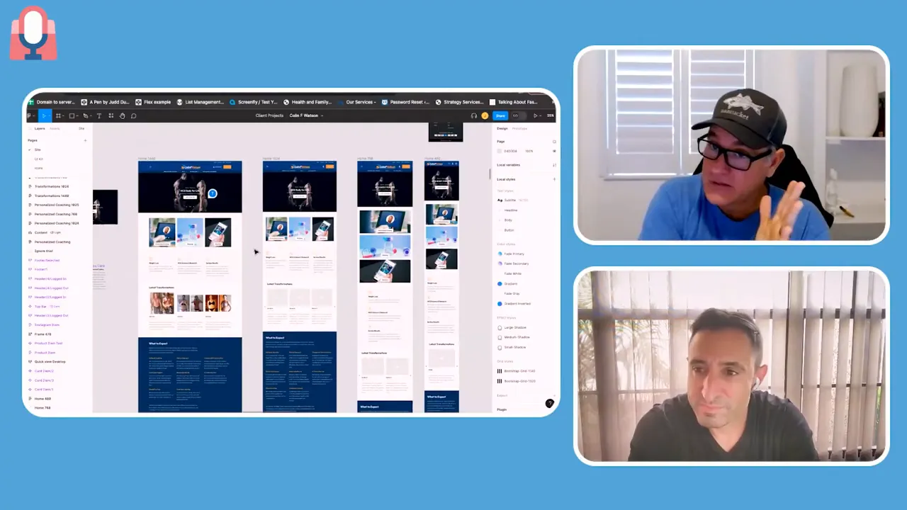 Clear Figma screenshot with three column mockups (desktop/tablet/mobile) and two presenters visible in rounded video frames.