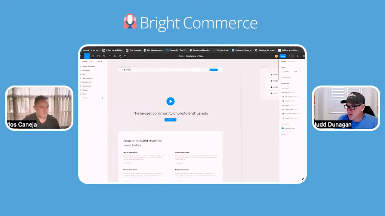 Crisp screenshot of a Figma wireframe homepage layout centered on a Bright Commerce slide with two small presenter thumbnails.