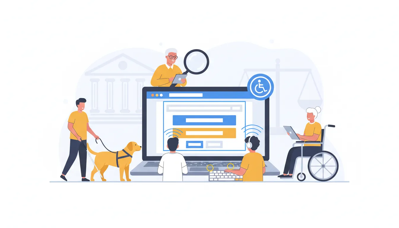 Illustration of a laptop with accessible website elements surrounded by diverse users with assistive devices and a faint courthouse silhouette, symbolizing web accessibility and legal risk