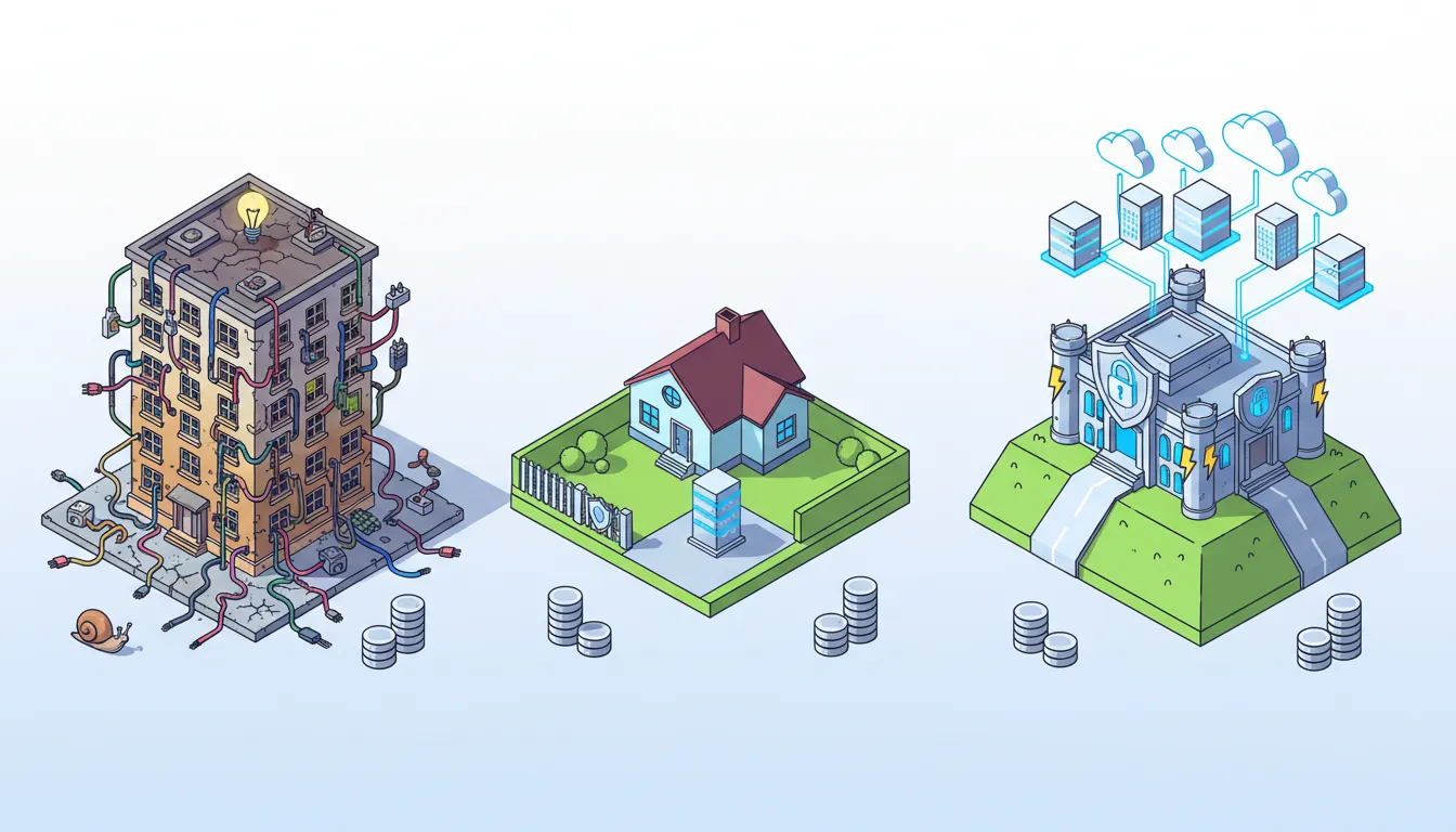 Isometric illustration of a neighborhood metaphor for web hosting: a crowded apartment for shared hosting, a single house for VPS, and a secure mansion with cloud servers representing dedicated/cloud hosting, showing speed, security and scalability