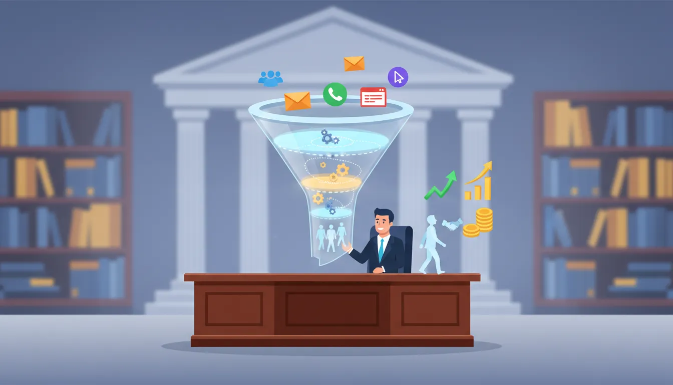 Vector illustration of a law firm lead-generation funnel converting incoming leads into clients with CRM automation, intake desk, and ROI visualization