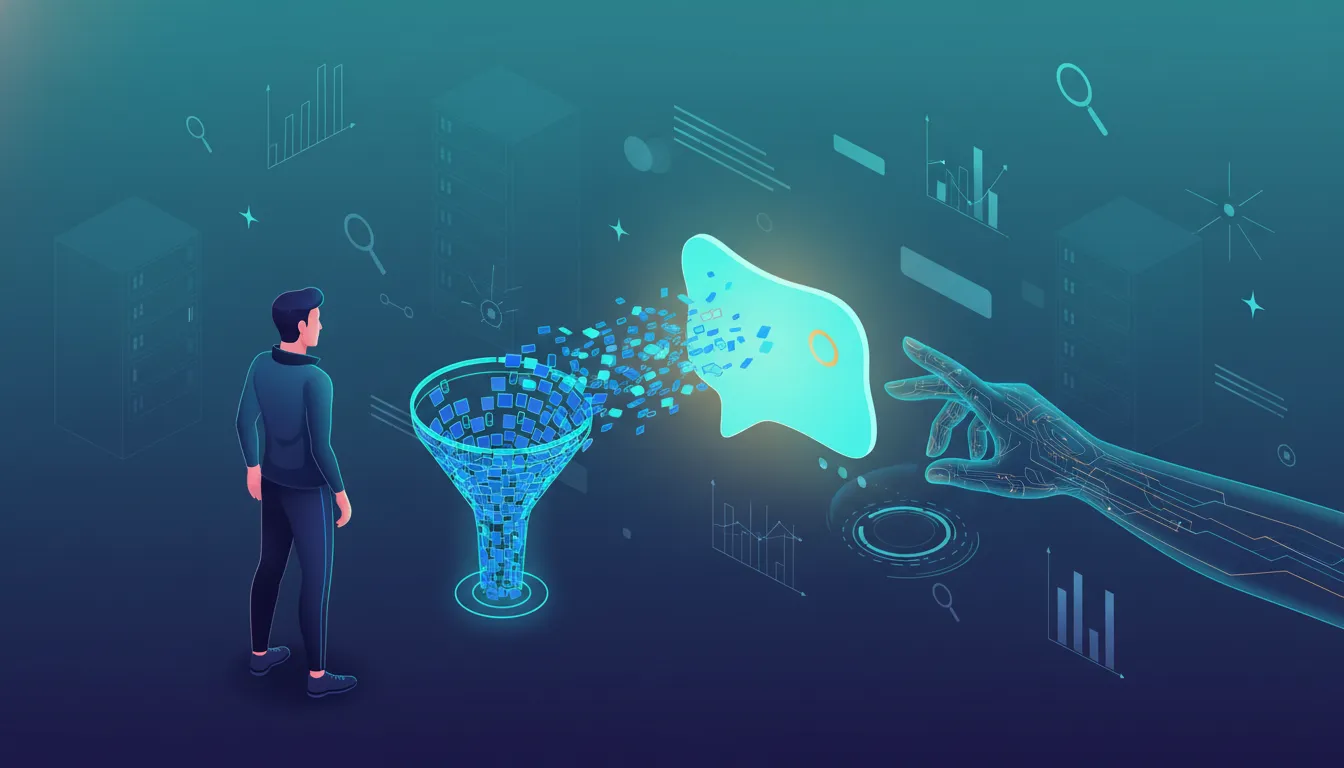 Abstract illustration of AI-driven search: link tiles morphing into a glowing conversational answer card while a friendly AI agent guides it toward a marketer, with subtle analytics and server shapes in the background