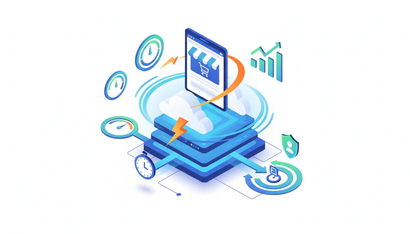 Isometric illustration of a fast WooCommerce ecosystem: storefront and shopping cart on cloud servers with speed lines, upward charts, a stopwatch and shield representing performance optimization and protected checkout