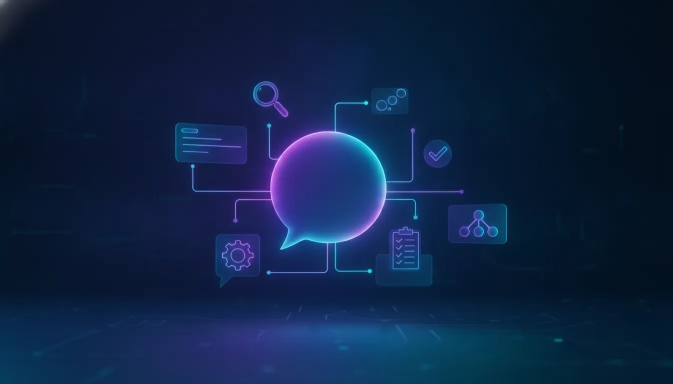 Abstract illustration of an AI chat orb sending glowing beams to connected search result cards and data icons, representing answer engine optimization.