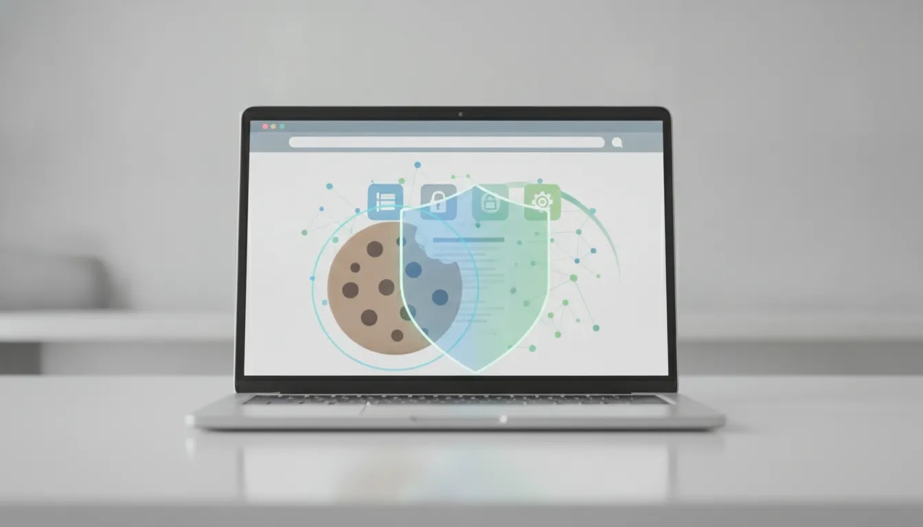 Illustration of a website privacy shield over cookie consent icons, showing that a cookie banner alone is not sufficient.